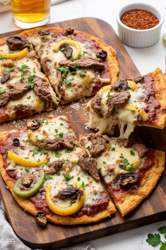 cheesesteak inspired flatbread pizza