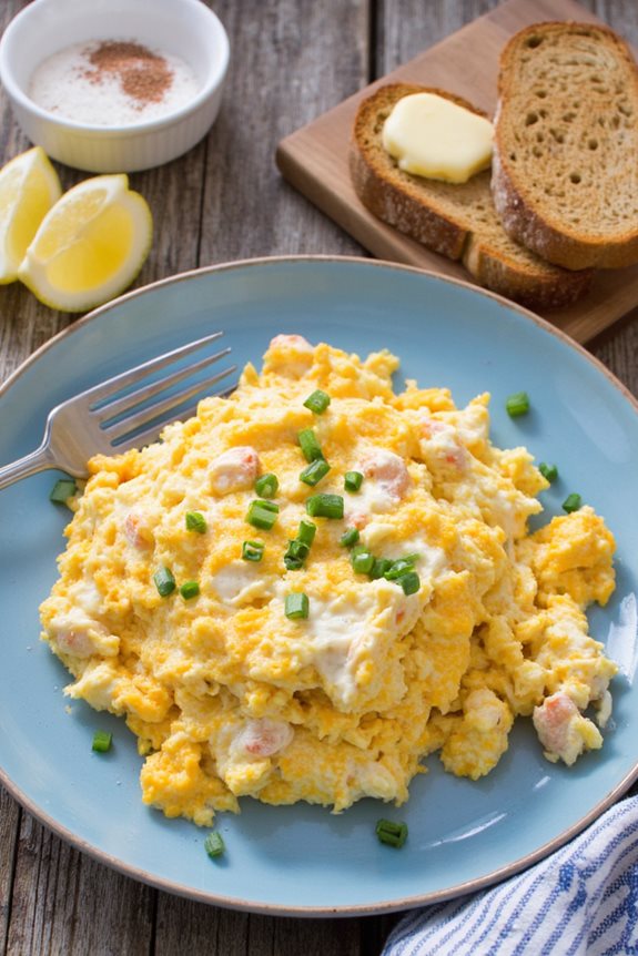 cheesy crab cake scramble
