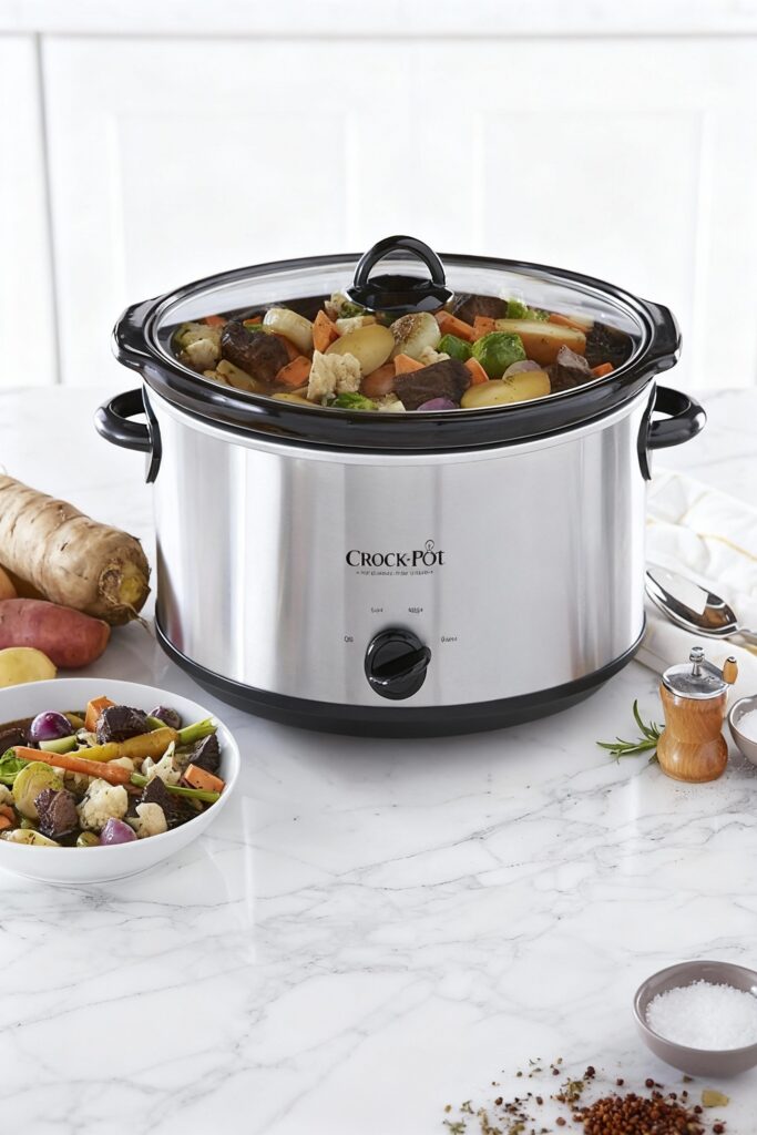 crock pot with beef and vegetables